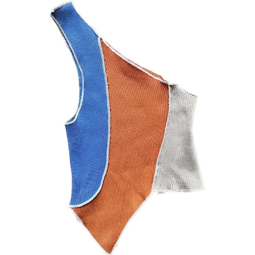 New One Shoulder Asymmetrical Crop Top Size Small Raw Hem Multi Colored Unique